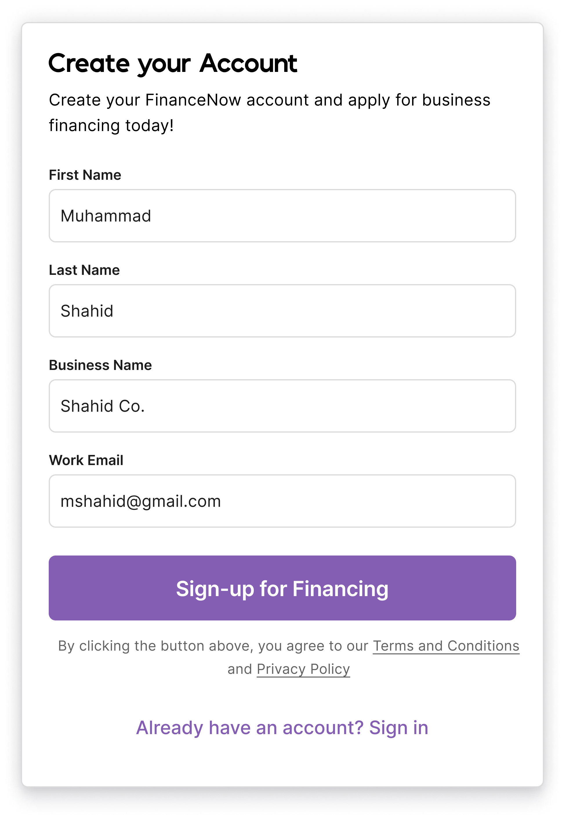 Sign up form
